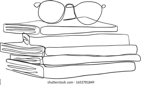 Glasses on books engraving vector illustration. one line vector drawing of a books and a glasses. Black and white hand drawn image.
