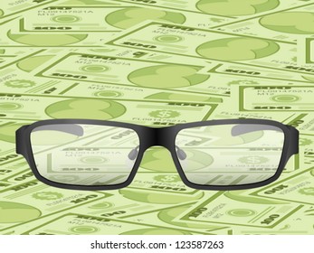 Glasses on a dollars background. Vector illustration.