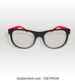Glasses on a gray background. Black glasses with red arms. Glasses for sight.