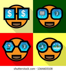 glasses on happy face of cartoon icon and dreams symbol on view finder, design on vector illustration.