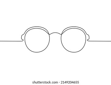 Glasses one black single continuous line art drawing style, sunglasses outline. Front view of eyeglasses minimalist linear sketch. Protection eye from sun. Vector illustration on white background