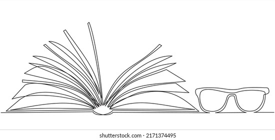 Glasses and open book, continuous line vector illustration. one line vector drawing of a book and a glasses. Black and white hand drawn image.