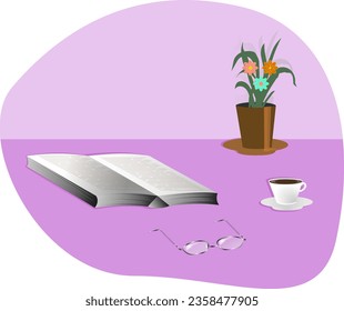 glasses, an open book,a cup of coffee,a pot of flowers
