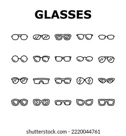 glasses optical style frame icons set vector. modern lens, fashion view eyeglasses, eyesight, eye old design, vision retro glasses optical style frame black contour illustrations