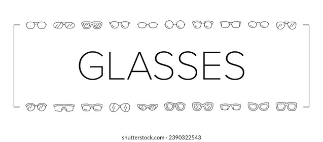 glasses optical style frame icons set vector. modern lens, fashion view eyeglasses, eyesight, eye old design, vision retro glasses optical style frame black contour illustrations