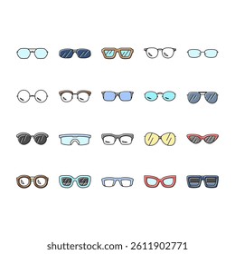 glasses optical style frame icons set vector. modern lens, fashion view eyeglasses, eyesight, eye old design, vision retro glasses optical style frame color line illustrations