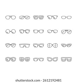 glasses optical style frame icons set vector. modern lens, fashion view eyeglasses, eyesight, eye old design, vision retro glasses optical style frame black contour illustrations