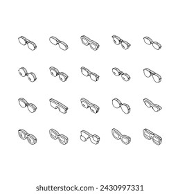 glasses optical style frame isometric icons set. modern lens, fashion view eyeglasses, eyesight, eye old design, vision retro glasses optical style frame color line