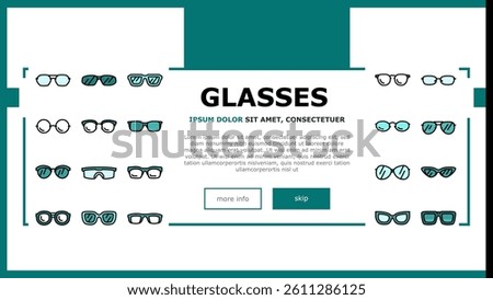 glasses optical style frame landing web page vector. modern lens, fashion view eyeglasses, eyesight, eye old design, vision retro glasses optical style frame Illustration