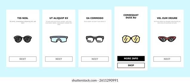 glasses optical style frame onboarding mobile vector. modern lens, fashion view eyeglasses, eyesight, eye old design, vision retro glasses optical style frame illustrations