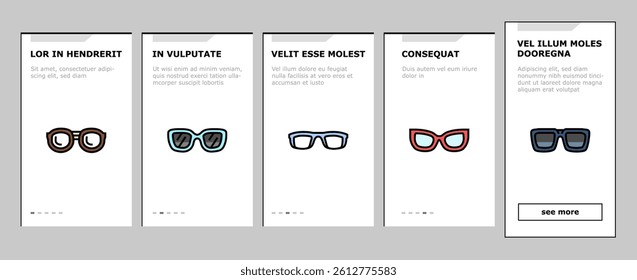 glasses optical style frame onboarding mobile vector. modern lens, fashion view eyeglasses, eyesight, eye old design, vision retro glasses optical style frame illustrations