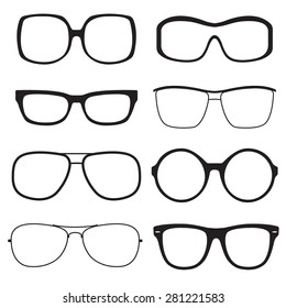 Glasses Outline Set. Sunglasses Black Silhouettes Isolated On White Background. Vector Illustration.