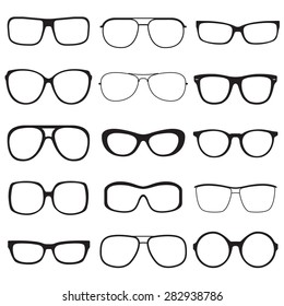 Glasses Outline Set. Sunglasses Black Silhouettes Isolated On White Background. Vector Illustration.