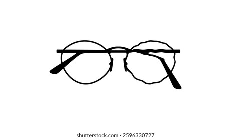Glasses with oval frame and a broken earpiece, Black Isolated Silhouette