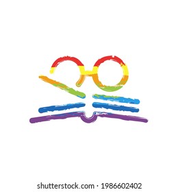 Glasses and paper, literature book, published story. Drawing sign with LGBT style, seven colors of rainbow (red, orange, yellow, green, blue, indigo, violet