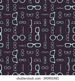 Glasses pattern. Vector seamless background with different kinds of the eyeglasses frames. Pattern with blue glasses on the dark Background. Good for print and web materials for optics salons.