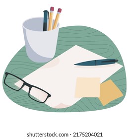 Glasses, pen, pencil, sticky note, piece of paper with green bubble isolated on white background. Preparation to start work. Flat design vector illustration