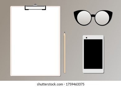 
Glasses, a phone, a notebook, a pencil. A sheet for writing. A set of items for work. Business.