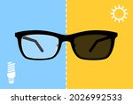 Glasses with photochromic lenses and icons of light bulb and the sun. Concept of changing of lens color depending on type of lighting, transparent lenses in artificial light and dark ones in sunlight