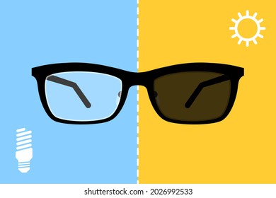 Glasses with photochromic lenses and icons of light bulb and the sun. Concept of changing of lens color depending on type of lighting, transparent lenses in artificial light and dark ones in sunlight