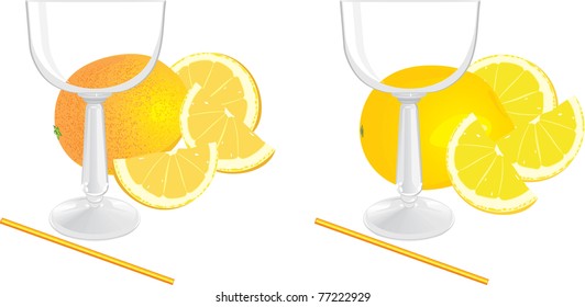 Glasses and pieces of lemon and orange. Vector