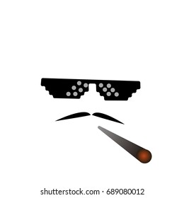 glasses pixel vector icon. Pixel Art Glasses of Thug Life Meme and smoke - Isolated on White Background Vector 8 bit. Mustache symbol. moustache. cigarette.