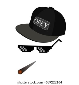 glasses pixel vector icon. Pixel Art Glasses of Thug Life Meme and smoke with cap - Isolated on White Background Vector 8 bit