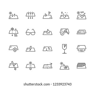 Glasses properties flat line icons set. Glass features - heat reflection, uv protection, glare, transparency, fragile vector illustrations. Thin packaging signs. Pixel perfect 64x64. Editable Strokes.