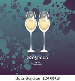 Gafas de prosecco sobre fondo azul. Ilustración vectorial de champán. Plantilla para logotipo de barra, invitación, decoración de grupo.