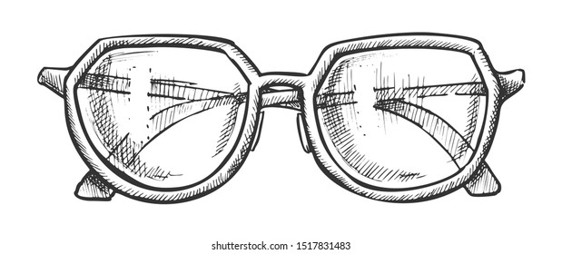 Glasses For Reading Accessory Monochrome Vector. Woman Diopter Optical Glasses For Myopia. Spectacles With Plastic Frame Engraving Template Hand Drawn In Vintage Style Black And White Illustration