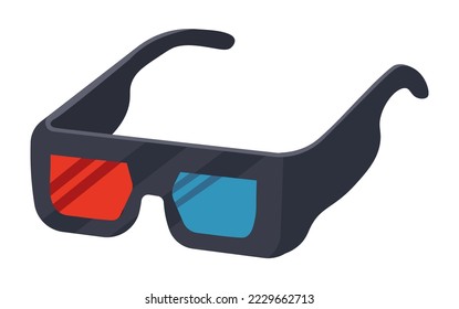 Glasses with red and blue lenses for 3d films. Isolated icon of spectacles for watching movies in cinema, equipment for visual illusions and optical experience and entertainment. Vector in flat style