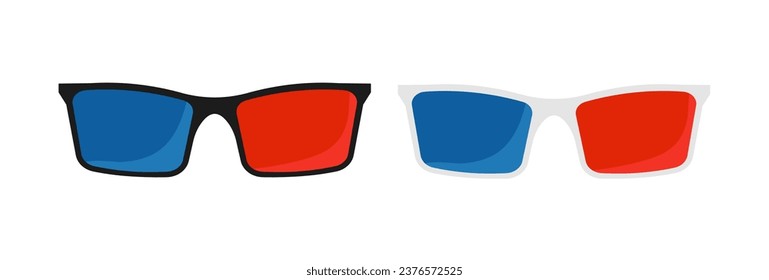 Brillen mit roten und blauen Objektiven zum Betrachten von 3D-Videos. Plastikkino-Accessoires für eine bequeme Kinoreise mit bequemem Vektorpastime