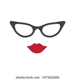 Glasses and red lips, icon, vector. Beautiful silhouette of woman's head. 