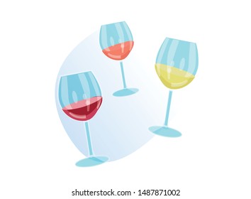 Glasses with Red, White and Rose Wine Isolated on White Background, Restaurant Alcohol Drinks Menu Design Elements, Tasting, Degustation, Event Celebration. Cartoon Flat Vector Illustration, Clip Art