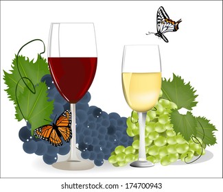 glasses of red and white wine grapes on a background of green