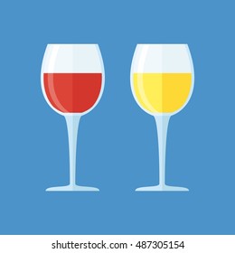 Glasses with red and white wine isolated on blue background. Vector illustration.