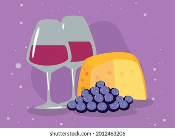 glasses of red wine with cheese and bunch of grapes