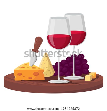 glasses of red wine with cheese and grapes vector illustration. Cheese board and wine. Illustration of red wine in glasses. appetizer for red wine on a wooden board. Illustration on white background