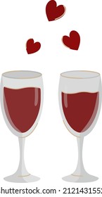 Glasses of red wine. Decorative elements of a wedding celebration. Valentine's Day, March 8th.Simple contour vector, website or mobile application, advertising, postcards, printing