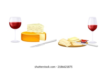 Glasses of red wine served with cheese set vector illustration