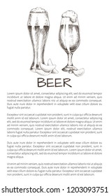 Glasses of refreshing drink with crispy chips snack vector illustration in sketch style on neutral white background with text sample for brew house.