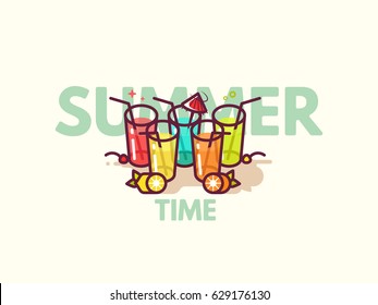 Glasses With Refreshing Drinks On The Floor. Summer Cocktails Flat Icon Vector Illustration. Happy Hour Or Cocktail Party Invite Flyer Concept.