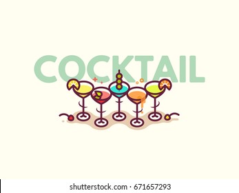 Glasses with refreshing drinks on the floor. Summer cocktails flat icon vector illustration. Happy hour or cocktail party invite flyer concept.