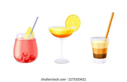 Glasses of refreshing drinks set. Summer tropical cocktails vector illustration