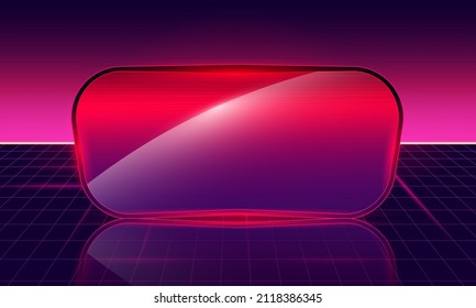 Glasses of Retro Sci-Fi Background Futuristic Grid landscape , 90's . Horizontal matrix grid in space with stars in the background.