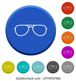 Glasses round color beveled buttons with smooth surfaces and flat white icons
