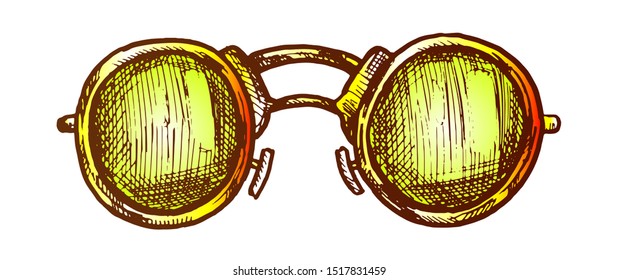 Glasses Round Form Lenses Accessory Color Vector. Men Sun Protection Glasses. Fashionable Sunglasses With Metallic Frame Engraving Template Hand Drawn In Vintage Style Illustration