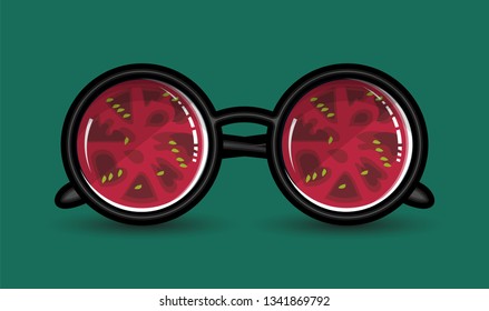 Glasses in a round frame with a reflection of slices of tomatoes. Vector illustration