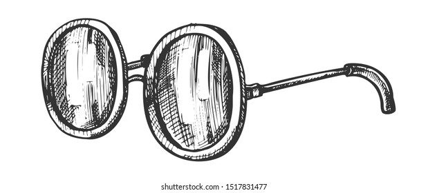 Glasses Round Shape Lens Accessory Ink Vector. Anti-glare Protection Glasses For Women. Sunglasses Summer Device Metal Frame Engraving Template Hand Drawn In Vintage Style Black And White Illustration