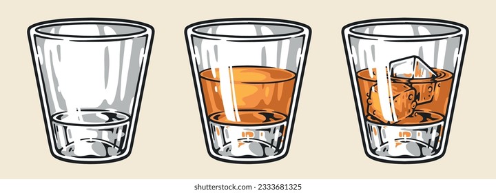 Glasses rum set label colorful with liquor with and without ice for alcohol menu advertising night bar vector illustration